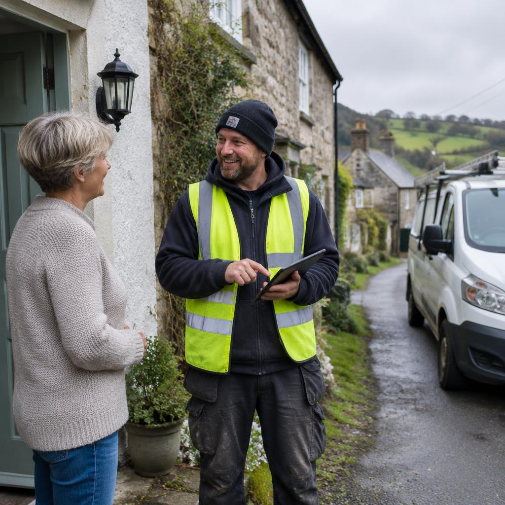 Tradesman in hi-vis chatting with a homeowner outside a Devon cottage